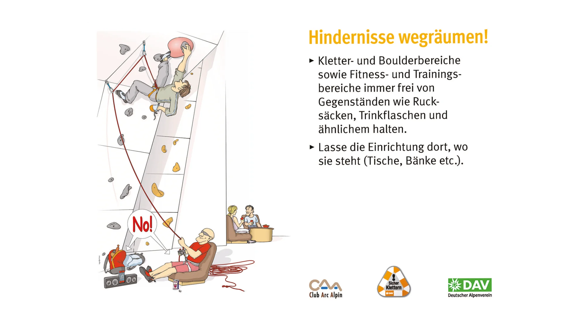 Hallenregeln für Klettern vom DAV. | © DAV Hallenregeln für Klettern vom DAV. Regel Nummer drei: Gefahrenraum | © DAV