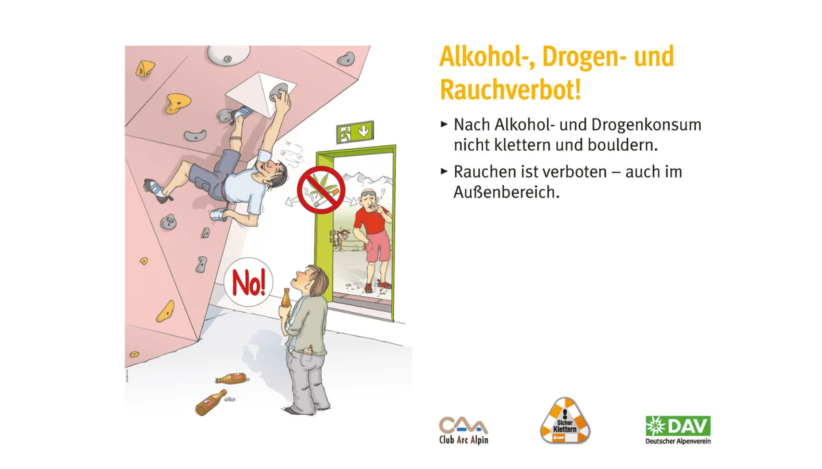 Hallenregeln für Klettern vom DAV. | © DAV Hallenregeln für Klettern vom DAV. Regel Nummer sechs: Beschädigungen melden | © DAV