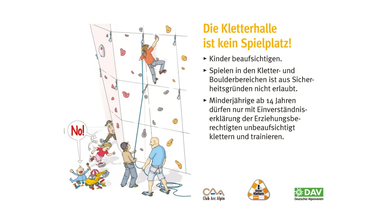 Hallenregeln für Klettern vom DAV. | © DAV Hallenregeln für Klettern vom DAV. Regel Nummer acht: Gefahr durch Schmuck und lange Haare | © DAV